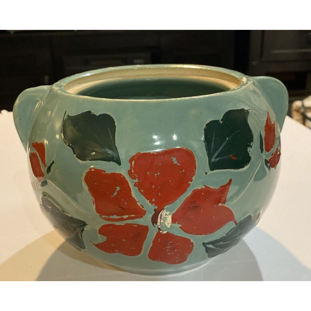 VINTAGE  Blue GREEN COOKIE JAR CROCK STONEWARE RED FLOWERS USA No Lid Bean Pot